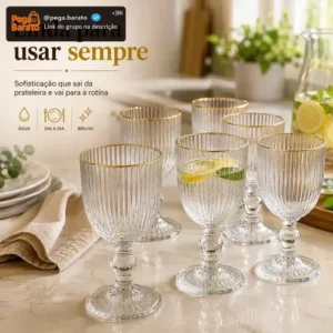 Kit de 6 Taças de Vidro Canelado com Borda Dourada para Água, Vinho e Suco Pratitudo Essencial Versalhes Gold 340 mL - Imagem 1