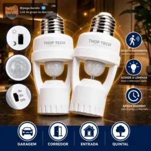 Kit 2 Sensor De Presença E Movimento Iluminação Lâmpada Soquete E27 Fotocélula Infravermelho Bivolt Acende E Desliga Automático Thop Tech Importados - Imagem 1