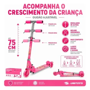 Patinete 3 Rodas Infantil Menina Rosa Dobrável Ajustável Led - Imagem 5