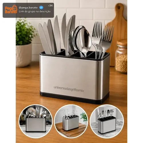 Porta-Talheres de Aço Inox com 4 Divisórias para Utensilios de Cozinha
