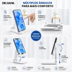Kit 2 Suportes Celular Tablet De Mesa Ajustável Dobrável Universal Dr Hank Branco E Preto Base Antiderrapante Suporte Ergonômico Altura Regulável - Imagem 3