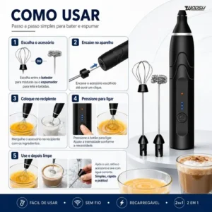 Mixer Elétrico Portátil 2 em 1 Recarregável Potente Misturador de Bebidas e Ovos 3 Velocidades Usb Batedor e Fue Fouet - Imagem 5