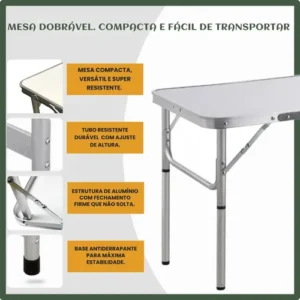 Mesa Dobrável Vira Maleta Alumínio Com Alça Portátil 90x60cm Para Camping Pesca Jardim Área Externa Ou Interna Salão De Festas Gourmet Cor Branco - Imagem 4