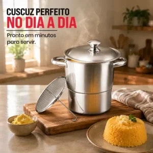 Panela Cuscuzeira Inox 16cm 2,5L Fogão Indução Gás Aço Inoxidável Cozedor A Vapor Para Cuscuz Nordestino Compatível Cooktop Elétrico Vitrocerâmico Fundo Triplo Utensílio Cozinha TOPHUS - Imagem 4