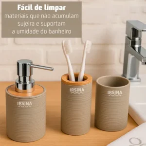 Kit Banheiro Completo Acessórios De Bambu Moderno Lixeira Com Tampa Escova Saboneteira Cor Bege Irsina - Imagem 10