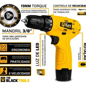 Parafusadeira Furadeira 3/8 A Bateria Tb12a The Black Tools Jogo Brocas E Buchas 300 Peças - Imagem 3