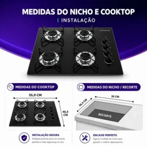 Fogão Cooktop Gás 4 Bocas Chamalar Ultra Chama Bivolt Preto - Imagem 4