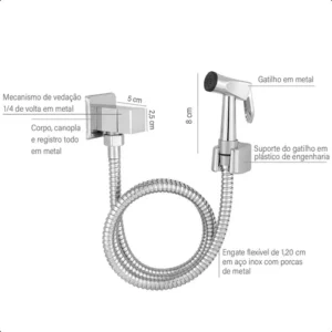 Ducha Higiênica Quadrada Luxo Cromada com Mangueira de 1.2m - Imagem 4