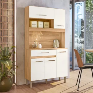 Kit Armário De Cozinha Compacto Magazine Com 5 Portas E 1 Gaveta Multiuso E Bancada Multifuncional Organizador Design Moderno Cor Freijó Off White - Imagem 3