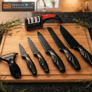 Kit Jogo De Facas 7 Peças Cozinha Aço Inox Corte Afiado Amolador Churrasco Sólar - Imagem 1