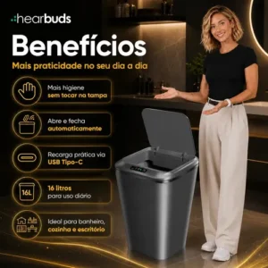 Lixeira Inteligente Automática Cinza Universal Com Sensor Hearbuds Recarregável Anti Odor 16L - Imagem 3