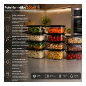 Kit 10 Potes 500ml Bpa Free Microondas Freezer Tampa Preta - Imagem 2