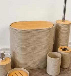 Kit Banheiro Completo Acessórios De Bambu Moderno Lixeira Com Tampa Escova Saboneteira Cor Bege Irsina - Imagem 2