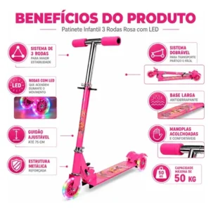 Patinete 3 Rodas Infantil Menina Rosa Dobrável Ajustável Led - Imagem 3