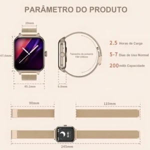 Smartwatch Mertto Dourado com Tela de 1.83" e Duas Pulseiras - Imagem 8
