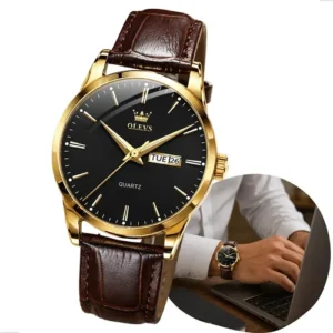 Relógio Social Masculino A Prova D'água Couro Olevs Luxo Marrom Dourado Preto - Imagem 9