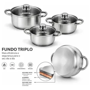 Jogo de Panelas Chef D Inox 3 Peças com Tampa de Vidro p/ Indução - Imagem 8