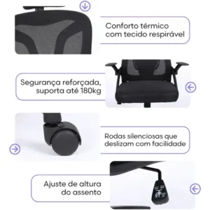 Cadeira De Escritorio Ergonomica Nr17 Glorious Marqs Home Giratoria Resistente Reforçada 180kg Confortavel Reuniao Mesh Preta - Imagem 6