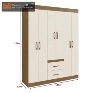 Guarda Roupa Solteiro 6 Portas 2 Gavetas Montevideu Doripel Cor Off White/Nogueira - Imagem 1