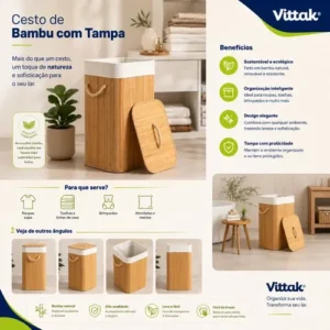 Vittak Cesto De Roupa Bambu 72 Litros Dobrável Retangular Com Tampa E Forro - Imagem 4