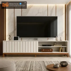 Rack Bancada Para Tv Até 75 Aurora 1.8 Mobler 1 Porta Com Pés Design Sala Moderna Cor Pérola Metalizado/cinamomo Mel - Imagem 1