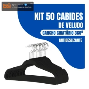 Kit 50 Cabides Adulto De Veludo Antideslizante Slim Com Gancho Giratório 360° Cor Preto - Imagem 1