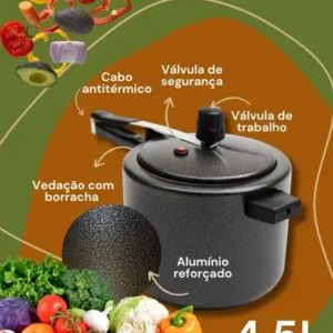 Panela de pressão 4,5 litros Alumínio Preta Segura Reforçada Cozimento Rápido Econômica Fechamento Interno - Imagem 6