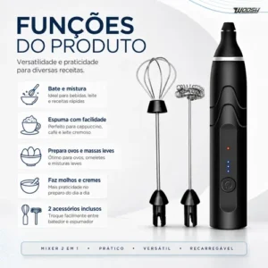 Mixer Elétrico Portátil 2 em 1 Recarregável Potente Misturador de Bebidas e Ovos 3 Velocidades Usb Batedor e Fue Fouet - Imagem 8