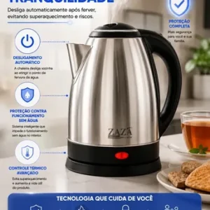 Chaleira Jarra Elétrica 1,8L Litros Em Inox Desligamento Automático Aquecimento Rápido Segura Café Chá Fácil Abertura Tampa Alça Ergométrica - Imagem 9