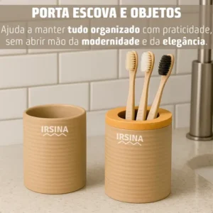 Kit Banheiro Completo Acessórios De Bambu Moderno Lixeira Com Tampa Escova Saboneteira Cor Bege Irsina - Imagem 7