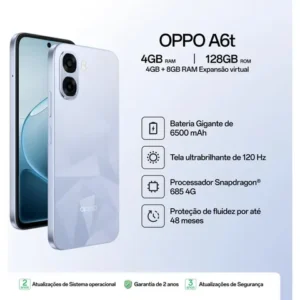 Smartphone OPPO A6t 128GB 12GB RAM (4GB + 8GB RAM Virtual) Bateria Gigante 6500 mAh Câmera AI Azul Cristal - Imagem 3