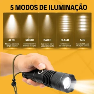 Lanterna Tática T9 Led Usb Recarregável Alto Brilho Potente Mais Forte Do Mundo Zoom Brielli Home - Imagem 6
