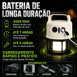 Lampião Lanterna Led Recarregável Usb 2 Em 1 Camping E Pesca - Imagem 7