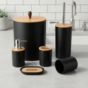 Kit Banheiro Acessórios Kit Banheiro Completo 6 Peças Tampa Fechada Copo Multiuso, Escova Sanitária, Cesto De Lixo, Porta Escova, Porta Sabonete Líquido, Saboneteira Dona Bego Cor Preto Sayonara - Imagem 4