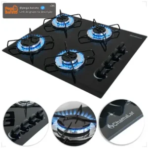 Fogão Cooktop Gás 4 Bocas Chamalar Ultra Chama Bivolt Preto - Imagem 1