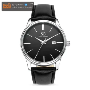 Relógio Masculino Chrowl Saint Germain Pulseira Couro Caixa Prateada Fundo Preto 42mm Clássico - Imagem 1