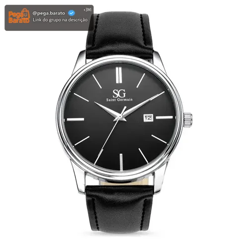 Relógio Masculino Chrowl Saint Germain Pulseira Couro Caixa Prateada Fundo Preto 42mm Clássico