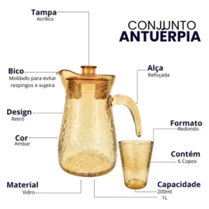Conjunto Jarra e 6 Copos Âmbar 7 Peças Vidro Acrílico 900ml - Imagem 5