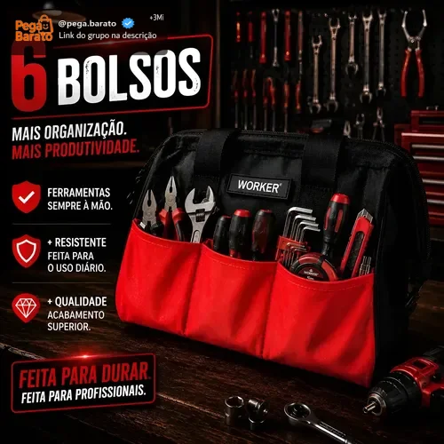 Bolsa De Ferramentas Grande Reforçada 12 E 6 Bolsos Externos