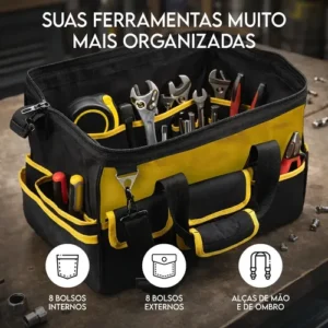 Bolsa Maleta De Ferramentas Grande Reforçada 16 Bolsos Para Eletricista E Profissionais - Fundo Firme Em Borracha - Preto E Amarelo Travunker - Imagem 3