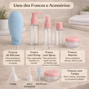 Kit Viagem 11 Itens Frascos Potes Spray Cremes Shampoo Cores Sortidas - Imagem 3