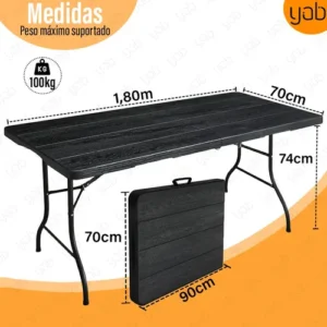 Yab - Mesa Dobrável 1,80 M Vira Maleta C/ Alça Resistente Camping Praia Premium Área Externa/interna 180cm Portátil - Cor Preto Amadeirado - Imagem 7