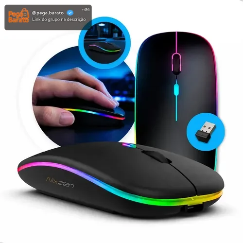 Mouse Sem Fio Recarregável Bluetooth Wireless Óptico Ergonômico Sem Fio Led Rgb Gamer Para Notebook Pc Tablet Smartphone Preto Nixzen