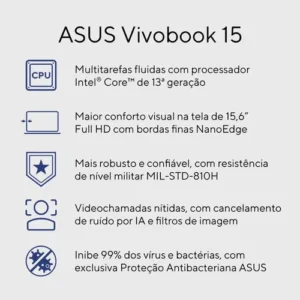 Notebook ASUS Vivobook 15 Intel Core i5 1334U 16GB Ram 1TB SSD Linux KeepOS Intel Iris Xe Tela 15,6" FHD Cool Silver - X1504VA-NJ2247 - Imagem 9