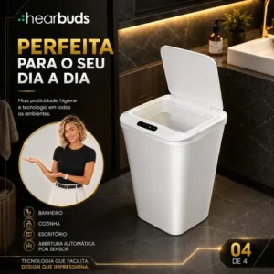 Lixeira Inteligente Automática Branca Universal Com Sensor Hearbuds Recarregável Anti Odor 16L - Imagem 4