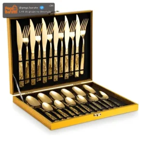 Kit Faqueiro Dourado Luxo Jogo Talheres Inox 24pçs + Maleta - Imagem 1