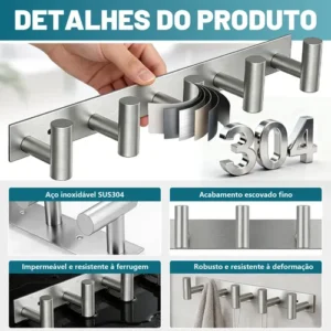 Cabideiro De Parede 5 Ganchos 304 Inox Adesivos Suporte - Imagem 4