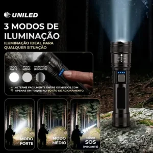 Lanterna Militar Tatica LED Mais Forte do Mundo Potente Zoom Telescópico Alto Brilho Resistente Agua Sitio Fazenda UNILED - Imagem 3