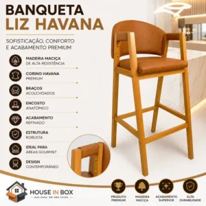 Banqueta Liz Alta Madeira Maciça C/ Braços Encosto Corino - Imagem 4