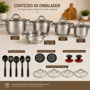 Jogo Panelas Inox 19 Peças Genebra Completo C/ Utensílios - Imagem 8